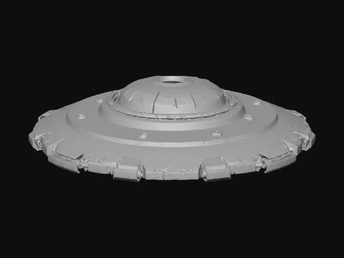 3D model for highly detailed 3D model of a crashed UFO embedded in a rocky crater, futuristic alien spacecraft half-buried in scorched soil and broken terrain, visible metallic panels torn and twisted, glowing orange plasma leaks from cracks, circular hull design with layered rings and engraved alien symbols, realistic damage deformation, smoke residue, small debris scattered around, cinematic lighting with warm highlights and cold shadows, scale suited for real-time rendering, PBR textures, detailed topology, ideal for sci-fi environment scenes, silver-grey alloy surface with reflections and subtle burnt edges