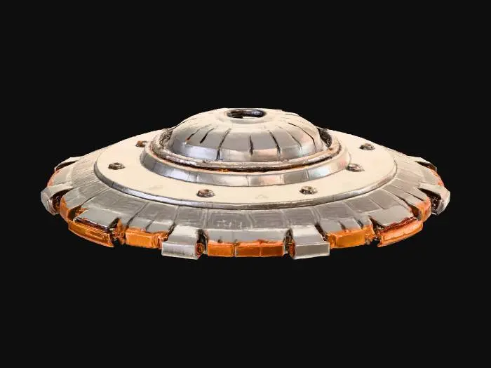 3D model for highly detailed 3D model of a crashed UFO embedded in a rocky crater, futuristic alien spacecraft half-buried in scorched soil and broken terrain, visible metallic panels torn and twisted, glowing orange plasma leaks from cracks, circular hull design with layered rings and engraved alien symbols, realistic damage deformation, smoke residue, small debris scattered around, cinematic lighting with warm highlights and cold shadows, scale suited for real-time rendering, PBR textures, detailed topology, ideal for sci-fi environment scenes, silver-grey alloy surface with reflections and subtle burnt edges