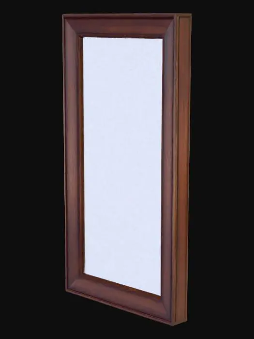 3D model for A rectangular wall picture frame, designed for portrait orientation, crafted from smoothly finished dark wood. The frame possesses a flat, wide profile with slightly beveled inner edges, revealing a subtle grain pattern. Its deep, rich brown color has a polished sheen, giving it a refined and classic appearance, while the sturdy construction suggests a substantial weight and firm tactile quality.