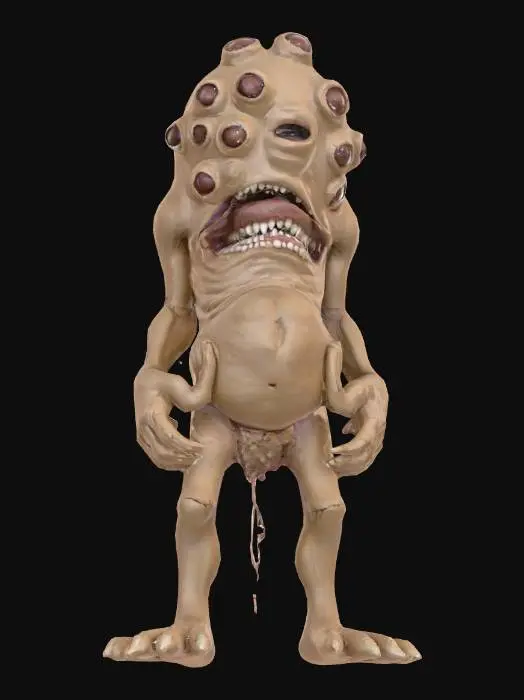 3D model for It has eyes in different parts of its body. It's made of clay. It has a wide mouth and sharp teeth. Its body is humanoid, but there are deformities.The eyes should be of different sizes and there should be a total of 20 eyes. There should be a mouth on the abdomen and on the left shoulder. More like human face. 
It has a hunchback