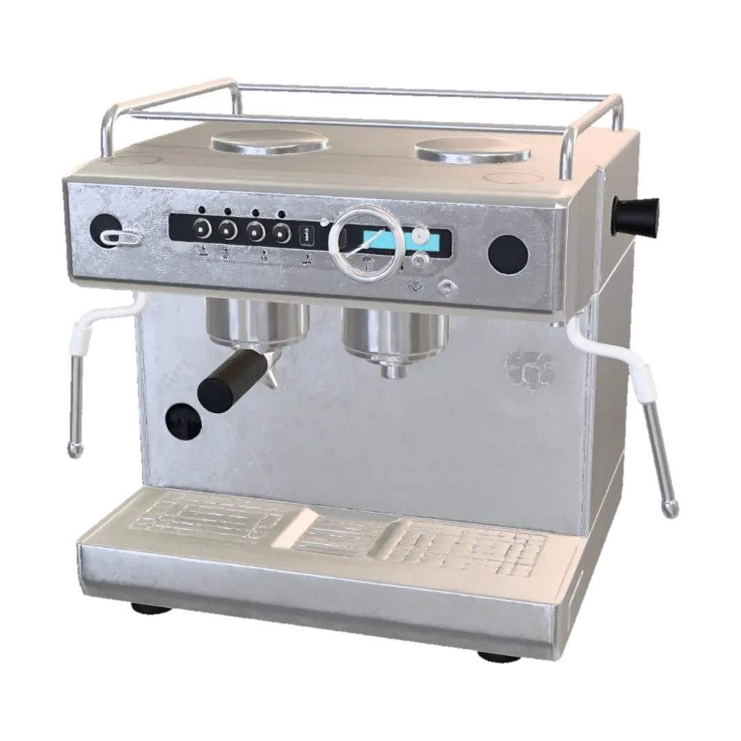 professional espresso machine, stainless steel body, portafilter, pressure gauge,… 3D model, vytvořený pomocí AI