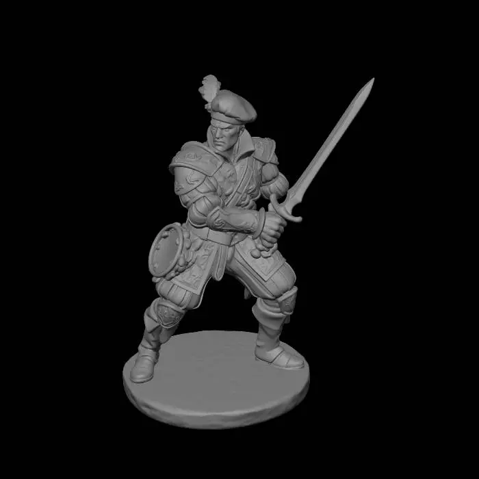 3D model for An adventurer bard armed and ready to attack with a sword and carrying a tambourine in his belt for when he is not fighting, He is to be interpreted as a miniature for DnD playing, make sure he is protected on a expensive fashinable armor, don't provide any other weapon or instrument to the bard, please use the hat of the second image as his hat
