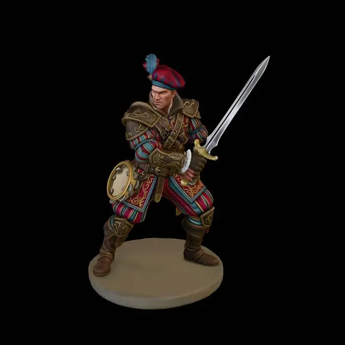 3D model for An adventurer bard armed and ready to attack with a sword and carrying a tambourine in his belt for when he is not fighting, He is to be interpreted as a miniature for DnD playing, make sure he is protected on a expensive fashinable armor, don't provide any other weapon or instrument to the bard, please use the hat of the second image as his hat