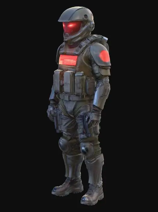 3D model for A heavily armored, muscular soldier with 25 years of army experience stands motionless in a quiet, realistic village at night. His face is replaced by a glowing computer monitor showing a red warning message — “SYSTEM INFECTED.” The village around him looks ordinary yet unsettling: dark streets, flickering streetlights, abandoned houses, and a faint digital haze spreading through the air. The environment seems infected by his presence, as if reality itself is corroding — walls glitch faintly, and the air hums with static. A blend of realism and cyber-fantasy horror, cinematic lighting, detailed textures, eerie stillness, and a heavy sense of dread.