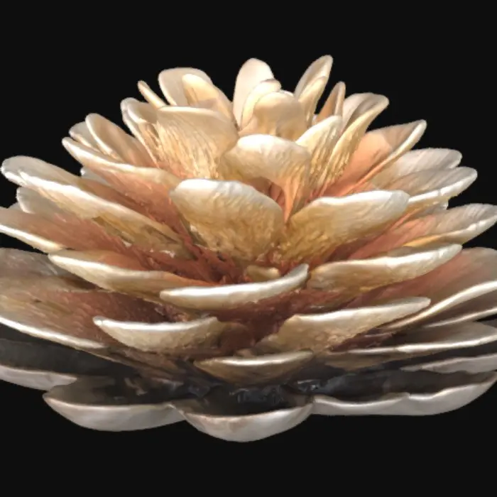 3D model for A cluster of oyster mushrooms adheres to rough bark, their fan-shaped caps fanning out in layered, overlapping shelves. Each cap boasts a smooth, slightly velvety surface, ranging in color from milky white to soft grey or pale tan, sometimes with a subtle pearlescent sheen. Distinct, delicate gills radiate across their pale undersides. The mushrooms appear pliable yet firm, their soft forms contrasting with the rugged, textured surface of the dark, craggy bark from which they emerge.