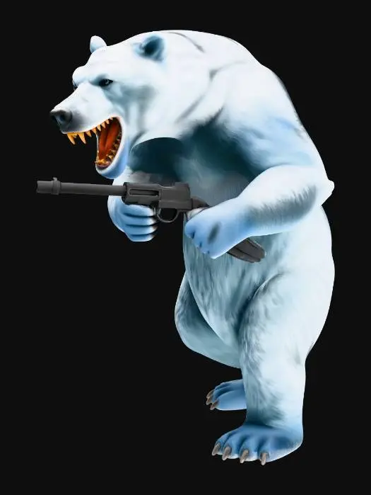 3D model for mavi bir kutup ayısı tasarla. ürkütücü büyük dişleri olsun. pençeleri de uzun olsun. elinde uzun namlulu bir silah olsun