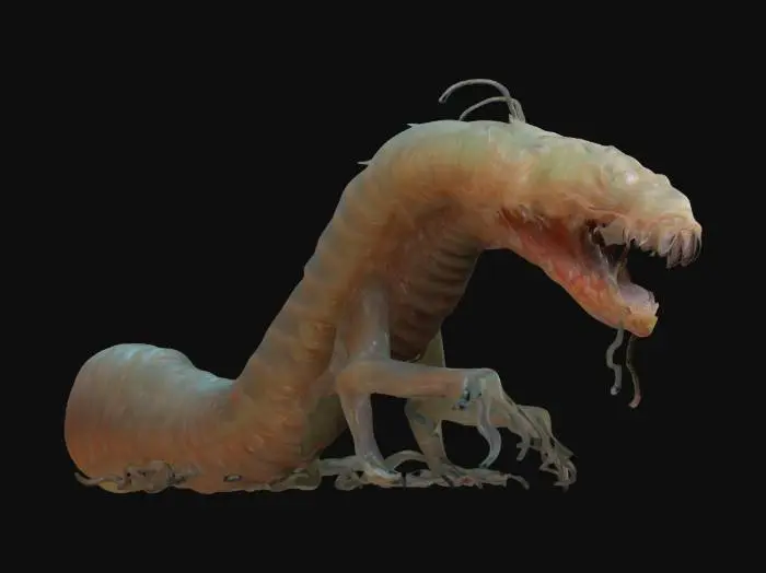 3D model for A grotesque, elongated mutant worm with a segmented, slimy body. Its flesh is covered in pulsating veins, exposed muscles, and bioluminescent patterns. It moves with writhing, undulating motions, and its maw is lined with rows of sharp, retractable teeth. Some parts of its body may sprout malformed limbs or sensory tendrils.