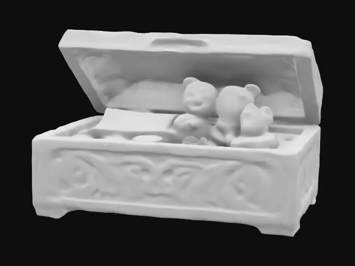 3D model for A beautifully crafted wooden memory box with intricate carvings on its surface. The lid is slightly open, revealing nostalgic items inside, such as an old love letter with delicate handwriting, a small teddy bear, a dried rose, and a vintage locket with a tiny photo inside. The interior of the box is lined with soft velvet, and a warm, sentimental glow emanates from within. The overall aesthetic should evoke feelings of nostalgia, love, and cherished memories., #valentine#