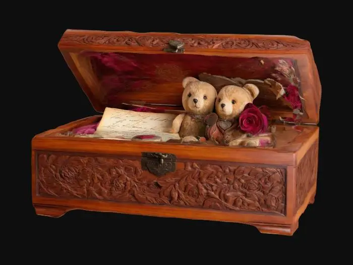 3D model for A beautifully crafted wooden memory box with intricate carvings on its surface. The lid is slightly open, revealing nostalgic items inside, such as an old love letter with delicate handwriting, a small teddy bear, a dried rose, and a vintage locket with a tiny photo inside. The interior of the box is lined with soft velvet, and a warm, sentimental glow emanates from within. The overall aesthetic should evoke feelings of nostalgia, love, and cherished memories., #valentine#