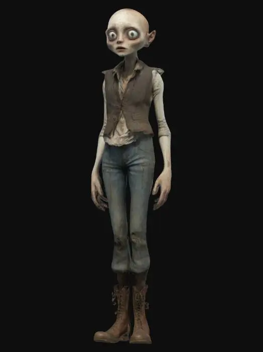 3D model for a tall, skinny fisherwoman with a spooky twist. She has exaggerated features: a long, narrow face, large eyes, and a prominent nose, with a ghostly pallor. Show signs of youth with a few light freckles, indicating she’s around 20. Her outfit includes a tattered vest, long sleeves, rugged pants, and sturdy boots for fishing. The design should be minimalist for easy modeling, with cylindrical arms and legs, giving her an eerie, worn look.,, Game of Thrones