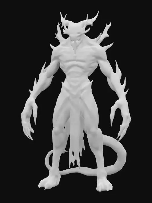 3D model for The object is a demonic figure with elongated limbs, sharp red and blue features, and textures suggesting a dark, mystical appearance with glowing elements., 
