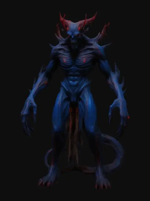 3D model for The object is a demonic figure with elongated limbs, sharp red and blue features, and textures suggesting a dark, mystical appearance with glowing elements., 