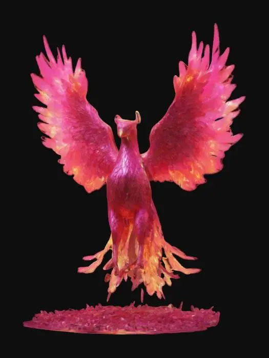 3D model for A majestic phoenix reborn from digital ashes in a blaze of radiant pink and crimson holographic flames. Its feathers shimmer with heart-shaped embers, symbolizing eternal love and passion. The fiery glow pulses gently, like a heartbeat., #valentine#