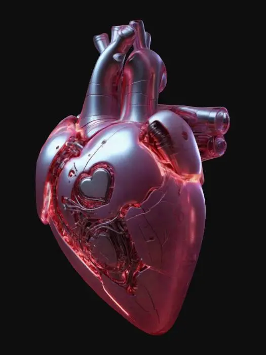 3D model for A futuristic mechanical heart, seamlessly blending cold metal with warm, glowing energy. Soft pink and red lights pulse like a real heartbeat, symbolizing love between human and machine. Delicate circuits intertwine like veins, and a small holographic message flickers—'Forever Yours'., #valentine#