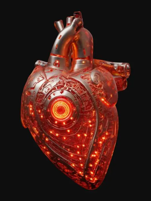 3D model for A futuristic mechanical heart, seamlessly blending cold metal with warm, glowing energy. Soft pink and red lights pulse like a real heartbeat, symbolizing love between human and machine. Delicate circuits intertwine like veins, and a small holographic message flickers—'Forever Yours'., #valentine#
