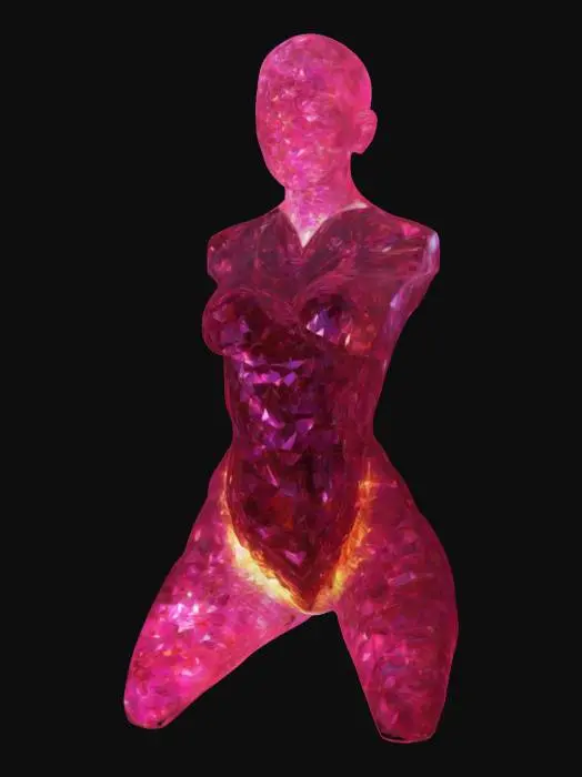 3D model for The object is a sleek, abstract female figure with elegant curves and sharp, dynamic shapes. Its dark metallic body glistens with subtle reflections, adorned with glowing patterns that pulse with inner energy. The face is completely black and featureless, devoid of any form or detail, enhancing its mysterious presence.