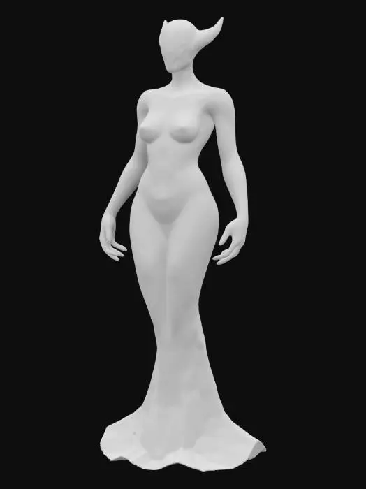 3D model for The object is a sleek, abstract female figure with elegant curves and sharp, dynamic shapes. Its dark metallic surface glistens with subtle reflections, accented by glowing patterns that pulse with inner energy. Though its form is distinct, the face remains entirely black and featureless, adding an air of mystery.