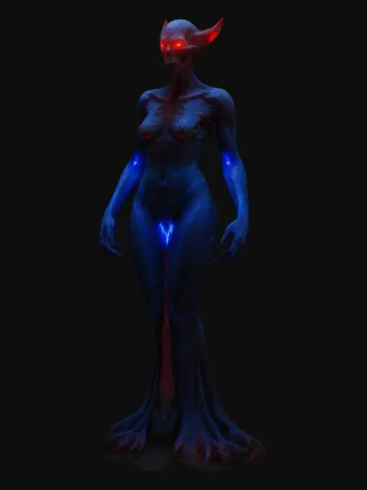 3D model for The object is a sleek, abstract female figure with elegant curves and sharp, dynamic shapes. Its dark metallic surface glistens with subtle reflections, accented by glowing patterns that pulse with inner energy. Though its form is distinct, the face remains entirely black and featureless, adding an air of mystery.