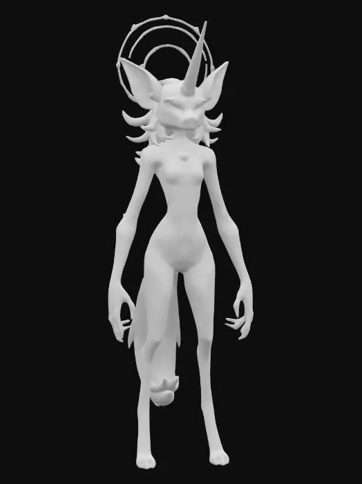3D model for The object is a stylized, anthropomorphic character with elongated limbs, a unicorn horn, cat-like ears, and a smooth gradient texture that transitions from dark tones to pale hues, adorned with celestial symbols.,