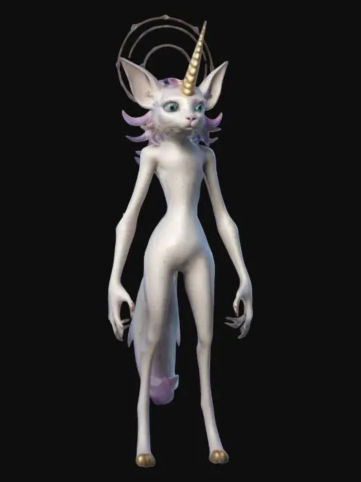 3D model for The object is a stylized, anthropomorphic character with elongated limbs, a unicorn horn, cat-like ears, and a smooth gradient texture that transitions from dark tones to pale hues, adorned with celestial symbols.,