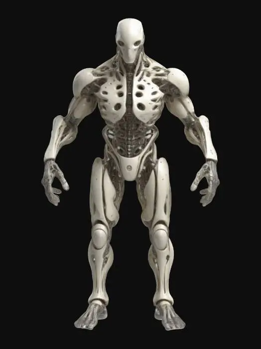3D model for A sleek, asymmetrical biomechanical warrior with intertwined bone-like structures and thin membranes. Its elongated limbs, sharp edges, and perforated details create a fusion of organic and mechanical aesthetics, giving it a powerful and futuristic look.