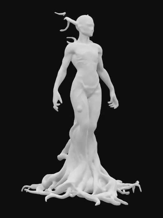 3D model for The object features a humanoid form enveloped in a translucent, elongated sheath with an organic, ribbed base and an intricate, twisting texture resembling roots or sinews., 