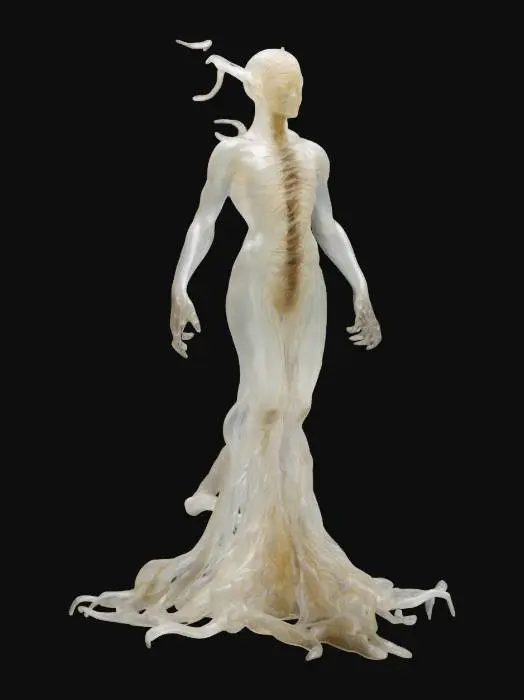 3D model for The object features a humanoid form enveloped in a translucent, elongated sheath with an organic, ribbed base and an intricate, twisting texture resembling roots or sinews., 