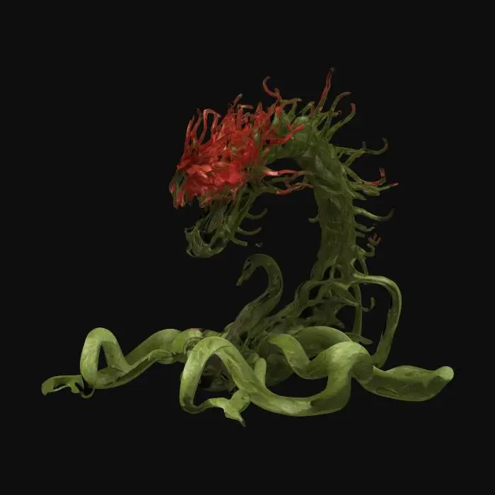 3D model for Create a highly detailed 3D model of a predatory plant with textured, fibrous petals and strong, sinuous vines. The petals should appear both beautiful and dangerous, capable of tightening like muscle fibers around prey.