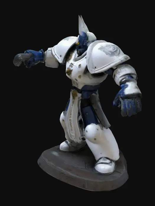 3D model for Sci-Fi, Fantasie, Sehr detailliert, warhammer 40k space marine, luna wolves, white amor, full body, Sehr detailliert, T-Pose, Symmetrischer Körper, Kampfposen, r, Ganzkörper,  holding space marine chainsawsword