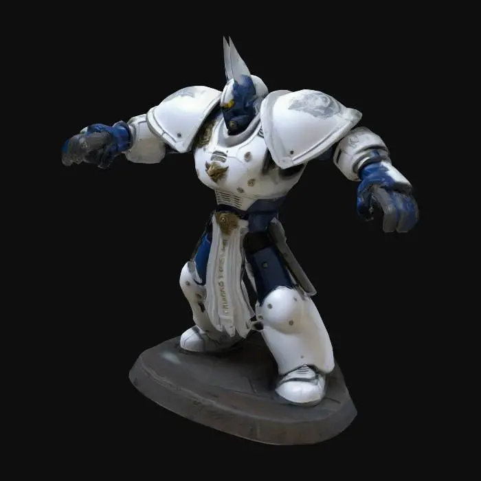 3D model for Sci-Fi, Fantasie, Sehr detailliert, warhammer 40k space marine, luna wolves, white amor, full body, Sehr detailliert, T-Pose, Symmetrischer Körper, Kampfposen, r, Ganzkörper,  holding space marine chainsawsword