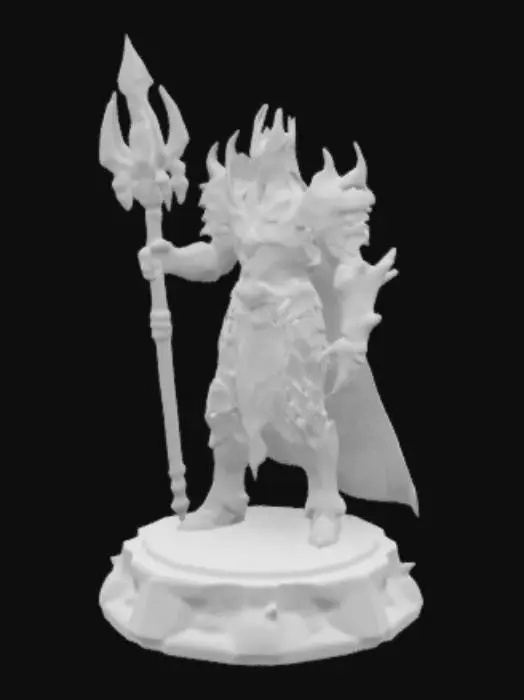 3D model for 生成一个魔兽世界的巫妖王模型,站立姿势,一只手拿着霜之哀伤,指向远方,脚底是一个冰雪堆积的底座,适合热熔3D打印