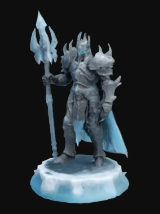 3D model for 生成一个魔兽世界的巫妖王模型,站立姿势,一只手拿着霜之哀伤,指向远方,脚底是一个冰雪堆积的底座,适合热熔3D打印