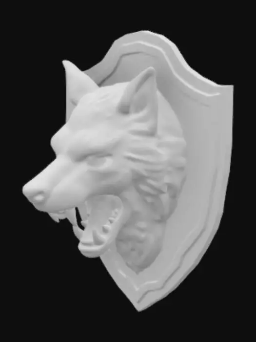 3D model for 一个雕塑材质的狼头标本,有凶猛的獠牙,张着大嘴嘶吼状,脖子后面是一个原型木质底座可以安装在起墙上,狼头的毛发刻画精细,左眼有一个明显的疤痕
