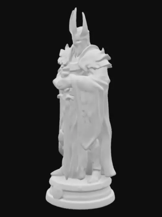 3D model for 生成一个魔兽世界的巫妖王雕塑,站立姿势,一只手拿着锋利的宝剑,指向目光的方向,披风随风摆动,细节雕刻精细.