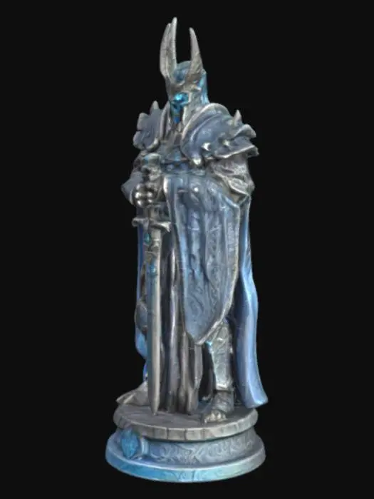 3D model for 生成一个魔兽世界的巫妖王雕塑,站立姿势,一只手拿着锋利的宝剑,指向目光的方向,披风随风摆动,细节雕刻精细.