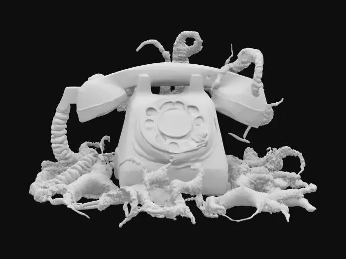 3D model for A 1950s style rotary telephone that's base turns into a mass of organic tissue, horror, techno-organic, high poly, H.R. Giger 