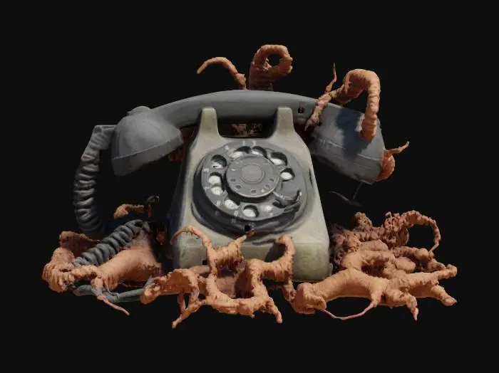 3D model for A 1950s style rotary telephone that's base turns into a mass of organic tissue, horror, techno-organic, high poly, H.R. Giger 
