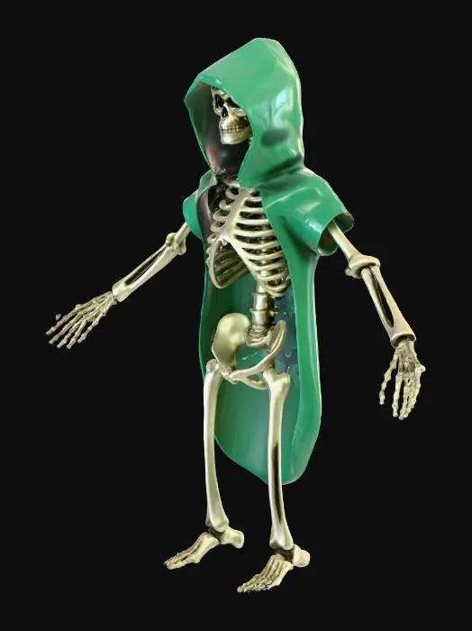 3D model for I would like a skeleton, main character, with a flowing cloak and a hood over his head, leather armor