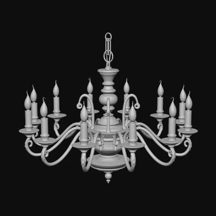 3D model for A realistic antique mansion chandelier, candle-style hanging from the ceiling with chain included. Classic elegant chandelier for an old horror mansion entrance, dining room, and parlor. Aged brass or bronze metal, multiple curved arms, candle holders with wax candles, slightly worn and dusty, textured, realistic, not fantasy, not overly ornate, clear silhouette, suitable for a survival horror game environment prop.