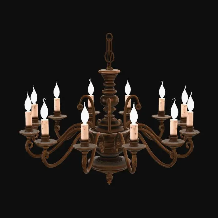 3D model for A realistic antique mansion chandelier, candle-style hanging from the ceiling with chain included. Classic elegant chandelier for an old horror mansion entrance, dining room, and parlor. Aged brass or bronze metal, multiple curved arms, candle holders with wax candles, slightly worn and dusty, textured, realistic, not fantasy, not overly ornate, clear silhouette, suitable for a survival horror game environment prop.