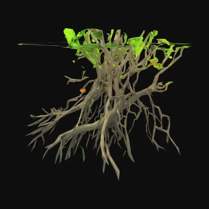 3D model for Mangrove roots underwater, 3D model, low poly, showing fish habitat