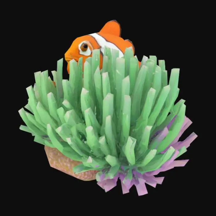 3D model for Clownfish near sea anemone, low poly 3D model, bright colors, AR museum style