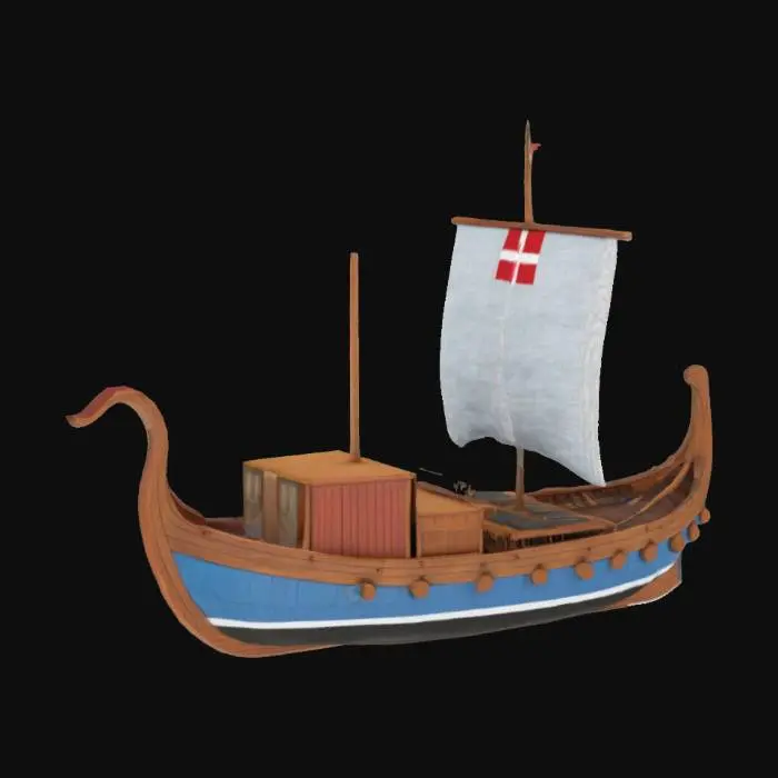 3D model for #AroundTheWorld#, [Denmark][Elsinore] Mærsk Viking ship, highly detailed viking ship with a single container in Mærsk Brand colors and danish flag