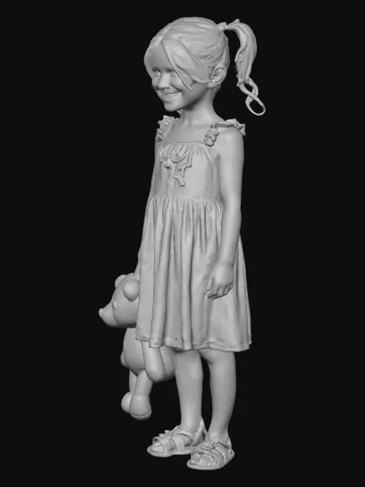 3D model for A post-apocalyptic young girl, around 8 years old, wearing a small worn red dress. . One hand is holding a torn teddy bear and the other is empty. She has a worn by happy expression and her hair is messy and dirty, with a small bow. She wears worn sandals Clothing is grimy, sun-bleached, and hand-stitched in places. Colour palette includes faded red, and charcoal grey. Gritty realistic survival style inspired by State of Decay. Add subtle details: torn cloth, dust