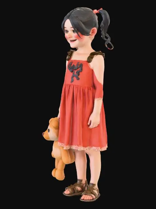 3D model for A post-apocalyptic young girl, around 8 years old, wearing a small worn red dress. . One hand is holding a torn teddy bear and the other is empty. She has a worn by happy expression and her hair is messy and dirty, with a small bow. She wears worn sandals Clothing is grimy, sun-bleached, and hand-stitched in places. Colour palette includes faded red, and charcoal grey. Gritty realistic survival style inspired by State of Decay. Add subtle details: torn cloth, dust