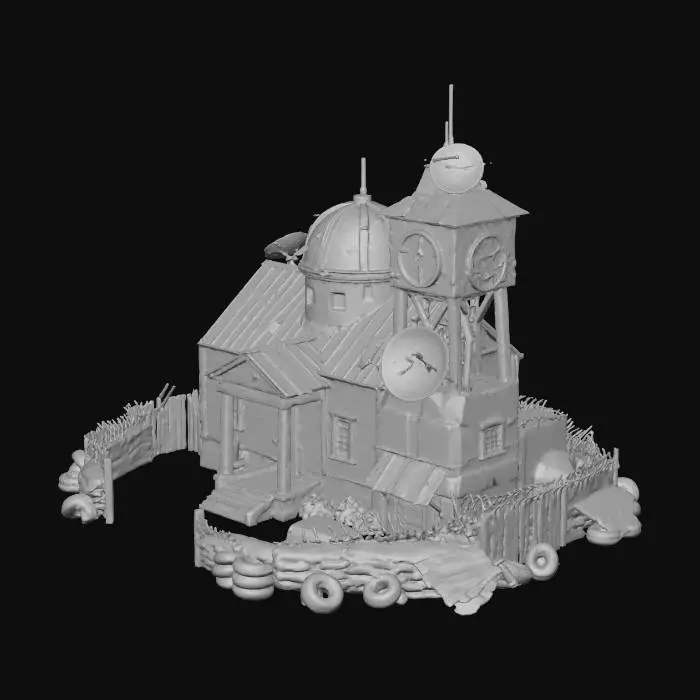 3D model for An isometric view of a small town hall inspired by the Clash of Clans level 1 Town Hall, with a post-apocalyptic twist in the style of Fallout. The art style combines colorful cartoony elements of Clash of Clans with the gritty, retro-futuristic vibe of Fallout. Dynamic lighting with warm tones and shadows emphasizes the worn but functional aesthetic.