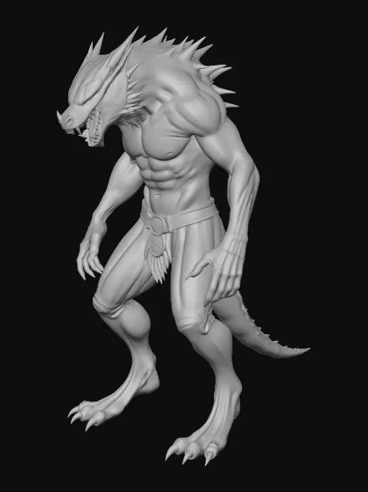 3D model for A full-body 3D character model of a humanoid werewolf-like creature with a powerful, muscular build and aggressive stance. The creature has an elongated wolf-like head with sharp fangs and glowing predatory eyes, but its entire body is covered in reptilian, lizard-like scales instead of fur. The skin texture is rough and armored, with overlapping scales and subtle color variation.

Jagged thorn-like spikes protrude naturally from its shoulders, spine, forearms, and tail, appearing as hardened bone or keratin growths integrated into the body. The limbs are digitigrade with clawed hands and feet. The tail is long, thick, and partially spiked.

Style: dark fantasy / monstrous creature
Pose: neutral T-pose or A-pose for rigging
Topology: clean, game-ready topology
Detail level: high-detail scu
