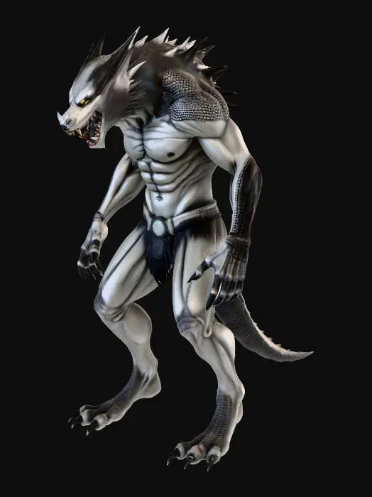 3D model for A full-body 3D character model of a humanoid werewolf-like creature with a powerful, muscular build and aggressive stance. The creature has an elongated wolf-like head with sharp fangs and glowing predatory eyes, but its entire body is covered in reptilian, lizard-like scales instead of fur. The skin texture is rough and armored, with overlapping scales and subtle color variation.

Jagged thorn-like spikes protrude naturally from its shoulders, spine, forearms, and tail, appearing as hardened bone or keratin growths integrated into the body. The limbs are digitigrade with clawed hands and feet. The tail is long, thick, and partially spiked.

Style: dark fantasy / monstrous creature
Pose: neutral T-pose or A-pose for rigging
Topology: clean, game-ready topology
Detail level: high-detail scu