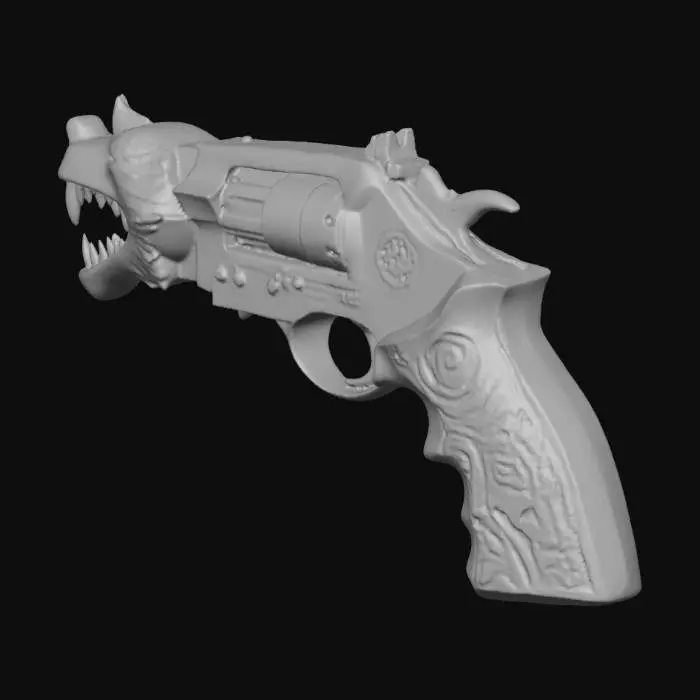 3D model for A fantasy looking pistol with a wolf canon head.