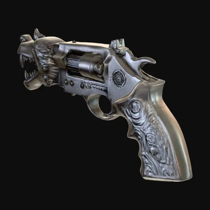 3D model for A fantasy looking pistol with a wolf canon head.